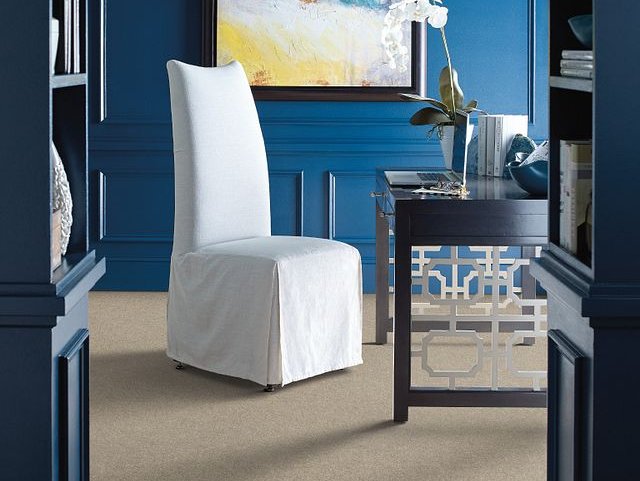 white chair in a room with blue walls and brown carpet from Dudley Moore Awnings & Floor Coverings Inc in Thomasville, Ga